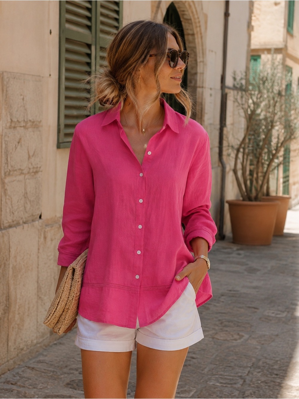 Talbots 100% Linen Pink Button-Down Shirt for Women